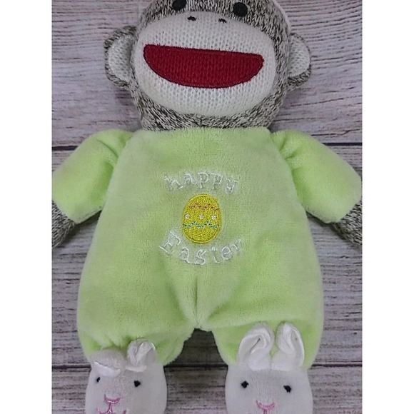 Baby Starters Plush Sock Monkey Happy Easter Stuffed Animal Toy Rattle Green 10" - Picture 2 of 4